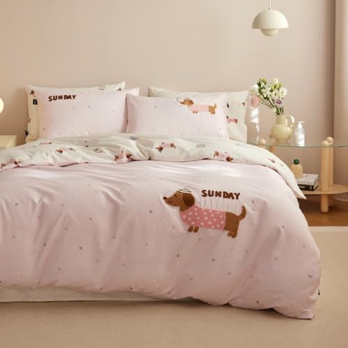 Lanqinglv Bettwäsche 155x220 Dackel Rosa Stickerei für Kinder Mädchen | ÖKO-TEX Zertifiziert,Aesthetic Bettwäsche für Allergiker,4 Jahreszeiten Set,Bettbezug 1 Kissenbezüge 80x80 mit Reißverschluss