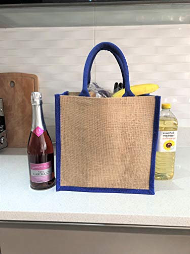 Eastern Thread Mill Medium Jute Bag with Contrasting Blue Handle and Blue Sides and Pink Handle and Sides 30cm x 30cm x 20cm (Blue Sides & Handles, 1)
