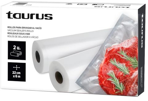 Taurus 999258000 - Pack de Rollos para envasadora al vacío, 2 rollos de 22 cm x 6 metros, para la conservación de alimentos, se adapta a la medida
