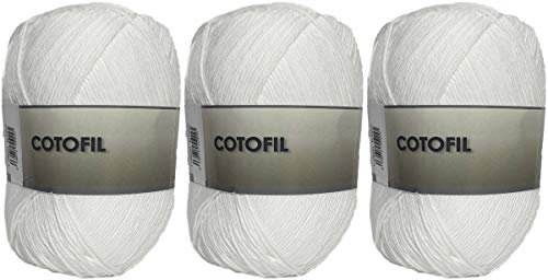 Hilo Ovillo de Cotofil 100% Algodón perfecto para DIY y tejer a mano (Color Blanco 100 g, aprox. 250 metros Pack de 3 pcs)