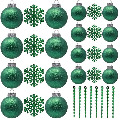 Grüne Kugeln für Christbaumschmuck, bruchsicherer Kunststoff 60 mm und 80 mm Glitzer-Schneebälle, Eiszapfen und Schneeflocken, Ornament-Set mit 32 Stück