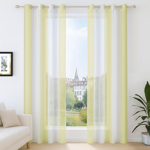 Deconovo Voile Vorhänge mit Ösen, Vorhangschal Transparent Boho Streifenmuster, Fensterschal Schlafzimmer in Leinenoptik, 138x140 cm(HöhexBreite), Hellgrün, 2er Set
