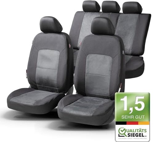 Walser Premium Autositzbezüge Ellington mit Reißverschluss Qualitätssieger Sehr Gut* Sitzbezüge Auto, Zipp-IT Schonbezüge Komplettset, 2 Vordersitzbezüge, 1 Rücksitzbezug schwarz/grau 11865