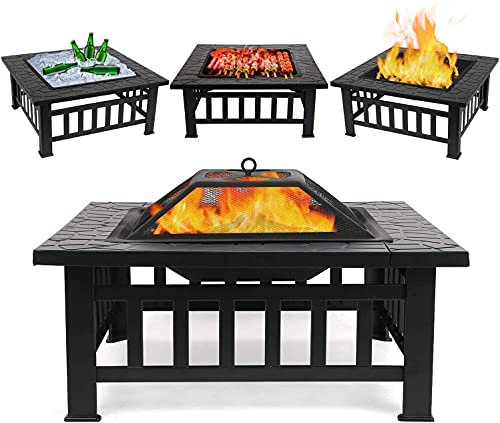 Hortus Large 3 in 1 Fire Pit with BBQ Grill Shelf, Outdoor Metal Brazier Square Table Firepit Garden Patio Heater/BBQ/Ice Pit