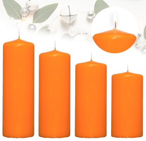 Candelo 4er Set Stumpenkerzen Weihnachten Ambiente Kerzen - Orange – 12/14/16/18cm- Advent Kerze Weihnachtsdekoration - Weihnachtskerzen Adventskranz