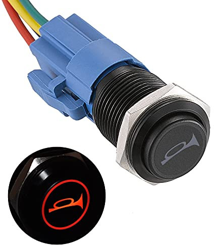 APIELE Momentan Hupentaste Druckschalter 12V, mit LED wasserdicht Momentary Drucktastenschalter mit vorverdrahtetem Stecker16mm Horn Switch (schwarze Schale/rot LED)