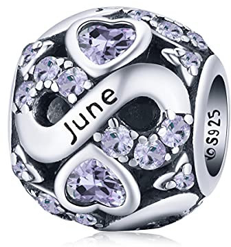 Juni Geburtsstein Charms Passend für Pandora-Armbänder, 925er Sterlingsilber, Liebesherz-Perlen-Charms, Geburtstagsgeschenke für Frauen