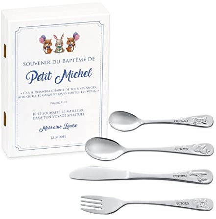 Maverton Set de couverts personnalisé pour garçon - Coutellerie dans coffret imprimé - Couverts Thème Animal - Cadeau d'anniversaire - Cadeaux bébé - Couverts gravés - ANIMAUX