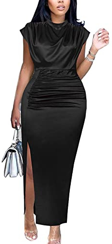 AOMEI Women's Cap Sleeve High Waist Ruched Slit Slim Elegant Long Satin Formal Dress, Black, L