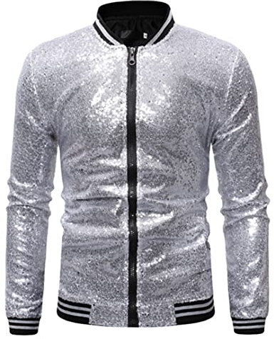 Glänzende Pailletten Bomberjacke Männer Gold Glitzer gestreiftes Reißverschluss Männer Jacken und Mäntel Party Dance Show Kleidung Silver M