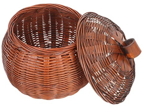 DOITOOL Round Baskets with Lids Rattan Storage Basket Wicker Woven Pumpkin Shape Baskets Decorative Storage Bin Desktop Makeup Organizer for Food Bread Fruit Egg Chocolate S