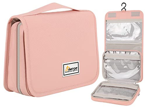 SIMTOP Trousse de Toilette Suspendue, Trousse de Toilette Trousse de Maquillage de Voyage Imperméable avec 3 Compartiments Pliable Taille Compacte pour Hommes Femmes Enfants Filles (Rose)