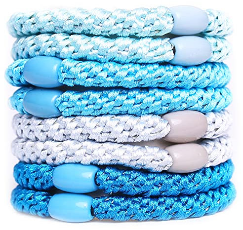 AXEN 8PCS Elastic Hair Tie for Women Girls, Cotton Bands Soft Woven Ponytail Holders for Thick Hair and Curly Hair, Blue Series