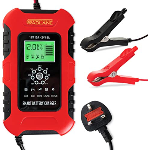 GADLANE Car Battery Charger - 12V/24V 10A Automatic Smart Battery Charger with LCD Screen & Intelligent Charging Modes - Repair/Maintain AGM, Lead-Acid, LiFePO4 Batteries for Cars/Trucks, Motorcycle