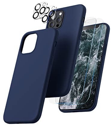 CALOOP 5 in 1 for iPhone 12 Pro Max Case 6.7,Liquid Silicone Case with 2 Pack Tempered Screen Protector + 2 Pack Camera Lens Protector,Slim Shockproof Phone Case with Microfiber Lining,Navy Blue