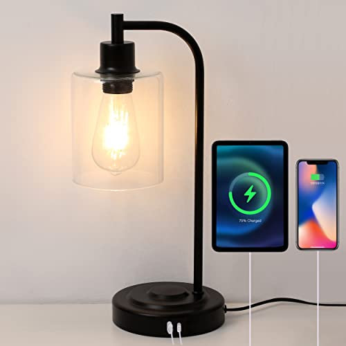 Hi-ERA Touch Control Table Lamp with Dual USB A+C Charging Ports, Glass Shade & Metal Base, Bedside Lamp for Bedroom, Office, Study Room (Bulb Included)