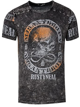 T-Shirt Herren Schwarz Blau Rot Camel Verwaschen Regular Fit S M L XL 2XL 3XL mit Asymmetrisch Knopfleiste All Over Skull Print Street-Wear Shirt 292