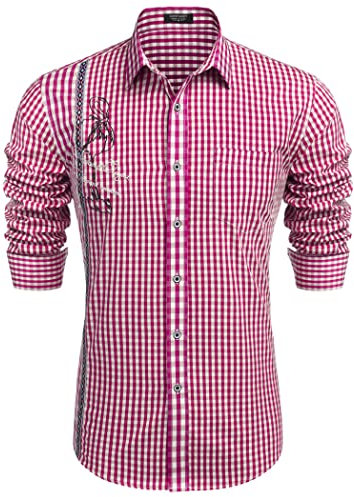 COOFANDY Herren Trachtenhemd Slim Fit Kariertes Hemd Langarm mit Bestickt Oktoberfest Trachten Hemd für Männer Rose XXL