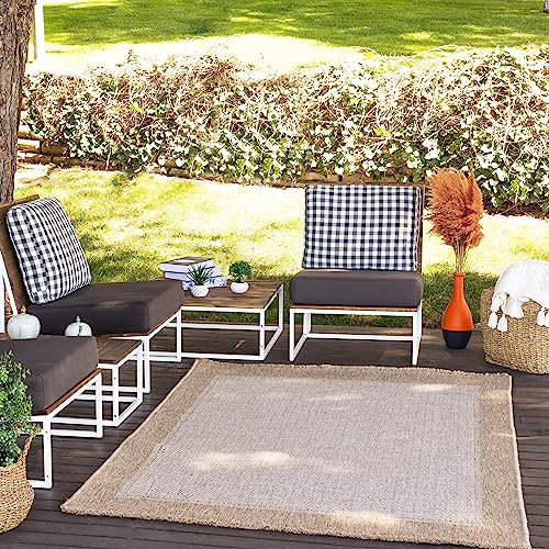 Livabliss Perth Outdoor Teppich wetterfest - In und Outdoor Teppich für Balkon 117x166 cm, Terrasse, Garten, Küche - Teppiche Boho Style für draußen - Beige