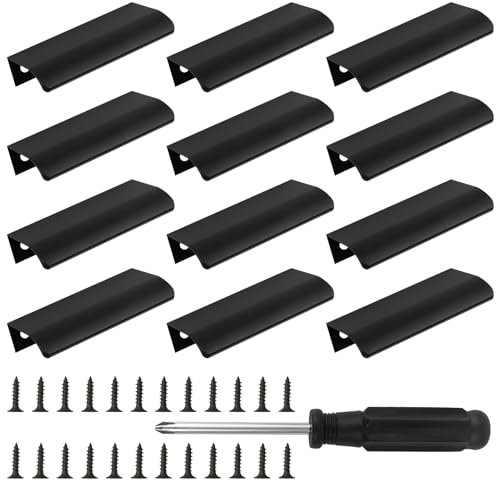 TOTSUN 12 Pack Concealed Kitchen Door Handles, 60mm Hole Center Hidden Drawer Pulls, Aluminum Alloy Curved Black Kitchen Handles with Screws and Screwdriver, 80mm Total Length