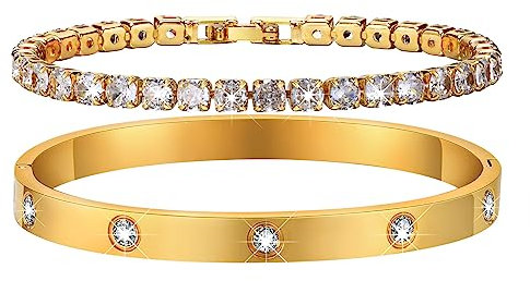2 Stück Armband Damen Gold Silber, 19cm Kristallen Tennis Armband 6mm Breit Cubic Zirkonia Armreif für Frauen, Wasserfester Tennisarmband mit Edelstahl Armbänder Set Geschenke für Damen - Gold