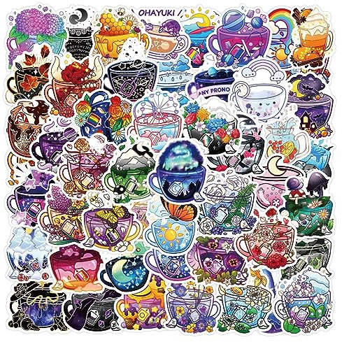 50Pcs Teacup Stickers Laptop Car Scrapbook Phone Skateboard Suitcase Luggage Bike Magic Cup Stickers Vinyl Waterproof Aesthetic Personalised Stickers for Teens Boys Girls Adults Children