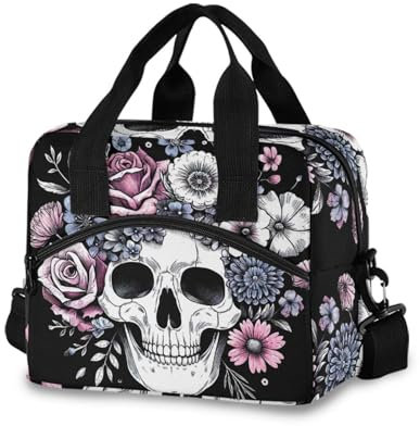 Sac à déjeuner isotherme portable avec motif tête de mort et fleurs, sac à déjeuner pour homme, sac à déjeuner avec bandoulière, personnalisé