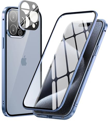 MIMGOAL 360 Grad Hülle für iPhone 15 Pro Max, Magnetische Adsorption Metallrahmen Ganzkörper Schutzhülle Vorne Hinten Gehärtetes Glas Transparente Full Case Dünn Handyhülle Cover,Blau