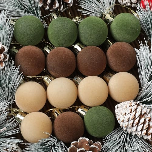 Liliful 15 Stück Samt-Weihnachtskugeln im Set – Flockierte Christbaumkugeln aus Kunststoff, 3 cm, braune, grüne und beigefarbene Weihnachtsbaumornamente zum Aufhängen