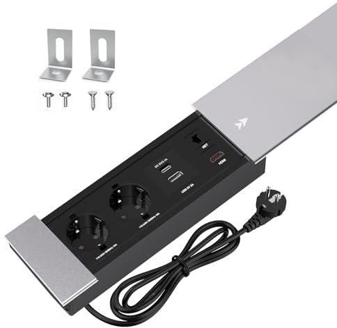 CHENGPI Presa a Scomparsa da Incasso,Presa da Incasso con 2 Prese,1 USB,1 Type C PD18W,Interfaccia di Rete HDMI TD,Presa da Incasso da Tavolo in Alluminio per Ufficio Cucina, 1.8M Cavo