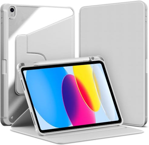 VAGHVEO Coque Rotative pour iPad (A16) 11ème / 10ème Génération 10,9 Pouces Modèle 2025/2022 avec Porte Pencil, Étui Housse Style Livre Transparent Dos Cover, Rotatif à 360 Degrés Support, Gris