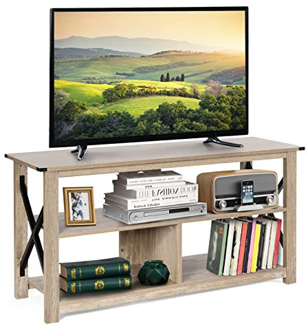 COSTWAY TV Stand for TVs up to 55, Industrial Wooden TV Cabinet Media Entertainment Center with Storage Shelves, X-Shaped Frame TV Unit Television Console Table for Living Room Bedroom (Grey Wash)