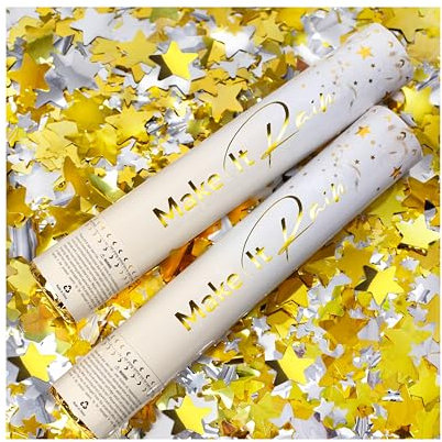 PrimePure Sparacoriandoli - Cannone Coriandoli a Forma di Stelle Dorate - Confezione da 2 - Tubo Cannoni Spara Coriandoli per Matrimoni, Compleanni, Celebrazioni, Laurea