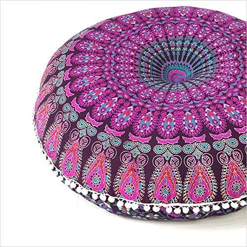 55 cm runder Mandala-Bodenkissenbezug, Meditationskissen, Sofa, Sitz, Überwurf, Hippie, rund, dekorativ, Bohemian-Boho-Chic, indischer Pouf, Bezug (Mandala-Lila)