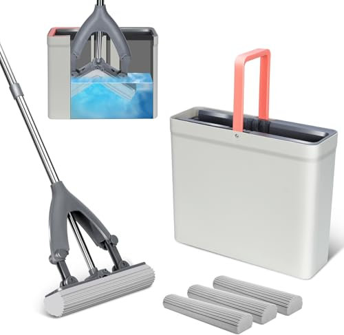 Serpillière Seau Essoreur, Masthome Balai Eponge Magique, Balais Nettoyer Sol avec 3 Eponges PVA Super Absorbantes et Réutilisables, Balai Serpillère Auto-Lavage pour Carrelage, Stratifié, Bois Dur