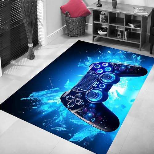 PEIHUODAN Tapis Salon Gamepad Gamer Garçon Ado Grand Tapis De Chambre 3D Coloré Hip Hop Graffiti Cool Neon Vidéo Game Design Gaming Décoration Runners Living Room Carpet Rugs (Blue,160x200cm)