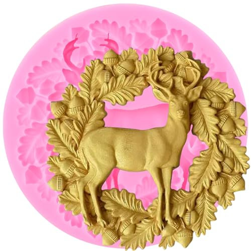 XMOLDNMS Deer Silicone Mould Christmas Elk Fondant Moulds Christmas Holly Leaf Wreath Mould for Cake Decorating Cupcake Topper Chocolate Candy Gum Paste Polymer Clay