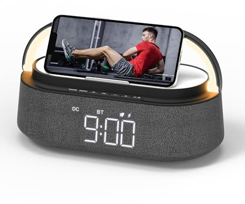 COLSUR Radio Reveil Digital avec Chargement sans Fil, Multifonctionnel Radio FM avec Port de Chargement USB, Réveil Matin Enceinte Bluetooth, Affichage LED, Lampe avec Support de Téléphone Portable