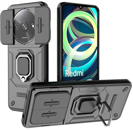 Anreixx Funda compatible con Xiaomi Redmi A3, funda de teléfono de grado militar con cubierta de cámara deslizante, soporte para coche y soporte, policarbonato duro y TPU suave de doble capa, color