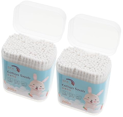 Babypflege Wattestäbchen 400 Stück 2 Boxen aus Baumwolle Weiß | 2 Stück Pack, Doppelte Rundspitzen, Sanfte Reinigung für Augen und Finger, Spiral Ohrstäbchen Zufälliger Stil