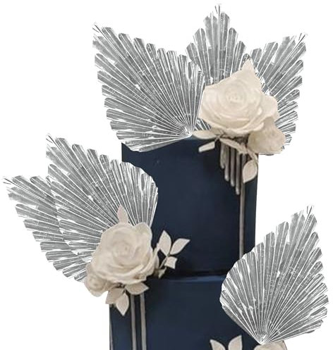 Lot de 6 décorations de gâteau en forme d'éventails en papier - Feuilles de palmier - Décorations de gâteaux - Fournitures de décoration de fête de mariage - Argenté