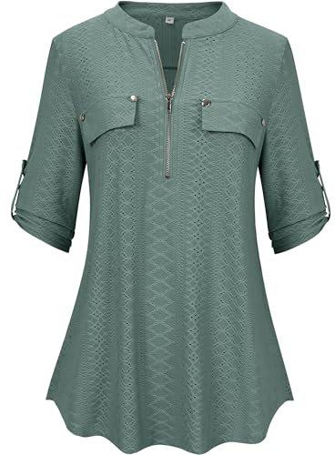 Lalala Bluse Damen Reißverschluss Langarmshirt Elegant Plissee Hemdbluse Z-Grün-xg36 XL