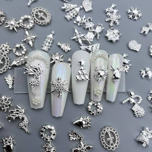 50er Pack 3D Silber Nagel Charms - Weihnachten Nagel Charms mit Weihnachtsbaum, Weihnachtskranz, Schneeflocke, Elch - Nageldesign Zubehör für Christmas Nail Art