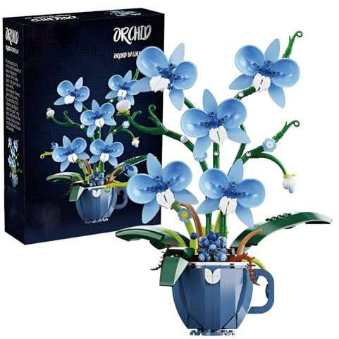 Set di mattoncini da costruzione, motivo orchidea blu, tazza da caffè, pianta artificiale, giocattolo da costruzione, collezione botanica, modello per decorazione domestica, grande regalo per