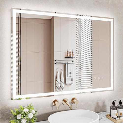 Badezimmerspiegel Led Badspiegel, Speicherfunktion, Touch-Schalter, Druckknopf, Dimmbar, 3 Lichtfarbe Einstellbare Spiegel Bad mit Beleuchtung, Badspiegel mit Wandspiegel, Beschlagfrei 60x80 cm