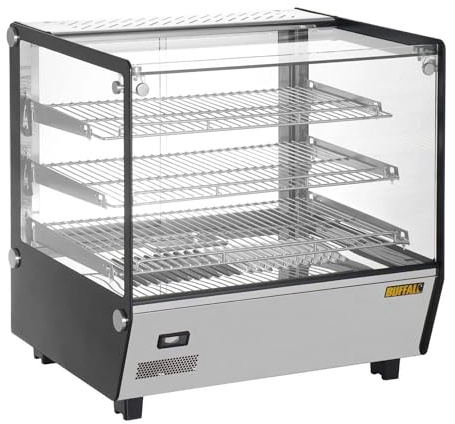 Buffalo HW923 Square Countertop Heated Display Merchandiser, 120Ltr | Maintains hot food at safe commercial serving temperatures above 63°C, with built-in shelves for easy organization.