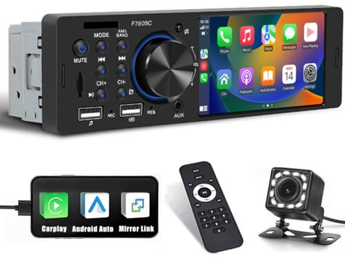 Hikity Radio de Coche 1 DIN Carplay y Android Auto, 4 Pulgadas Pantalla Táctil Estéreo de Coche con Bluetooth, Mirror Link, FM, Cámara Trasera