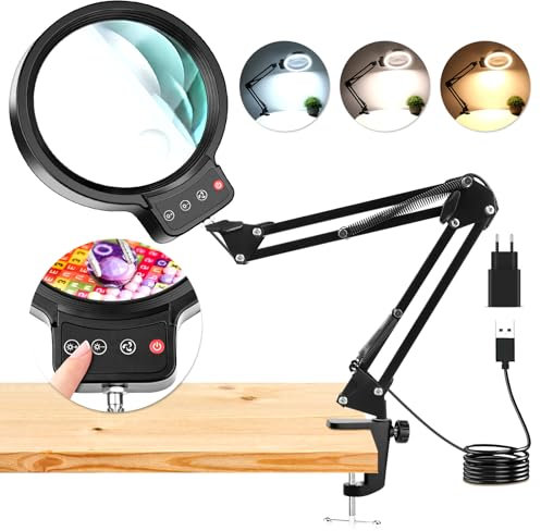 NZQXJXZ 10X 30X Große Lupe mit Licht, LED-beleuchtete Lupenlampe mit Klemme, 3 Farbmodi, Stufenlos Dimmbar, Freihändige Lupen-Schreibtischlampe zum Lesen, Basteln, Hobby, Naharbeit