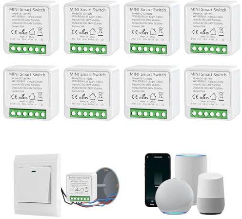 Interrupteur WIFI, Interrupteur Intelligents Alexa, Interrupteure Connecté avec Tuya et Smart Life APP, Mini Smart Switch Module, Montage Encastré, Conducteur Neutre Nécessaire (8 pièces)