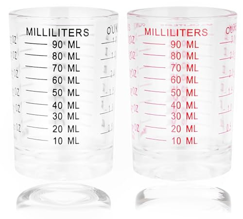 2 Stück Messbecher 90ml, Cocktail Messbecher, Messbecher Cocktail, Messbecher Klein, Messbecher Glas, Cocktail Zubehör, Für Küche, Bar, Party, Cocktail, Tequila, Wodka, Kaffee(Schwarz,Rot)